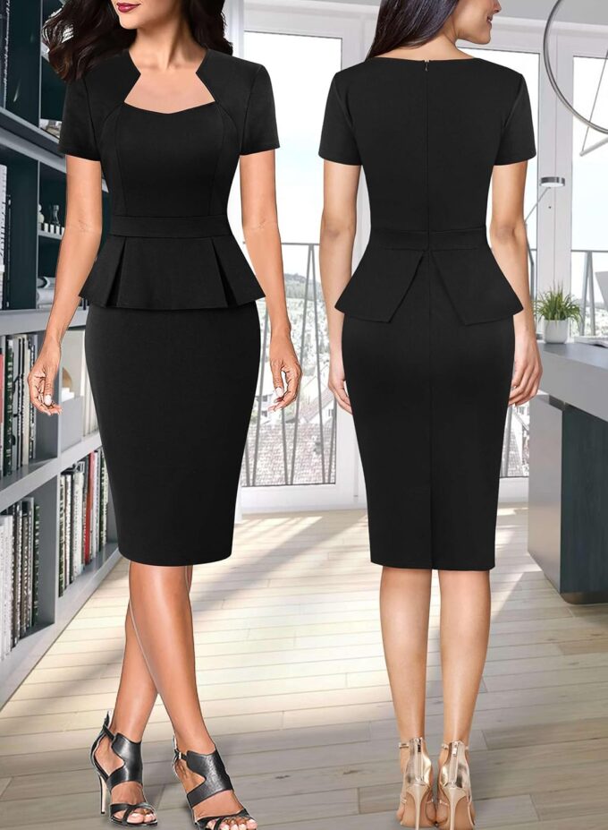 VFSHOW Damen Kleid 2025 Sommer Arbeit Business Büro Bodycon Kleid Quadratischer Ausschnitt Schößchen Slim Karriere Kirche Bleistift Etuikleider – Bild 2