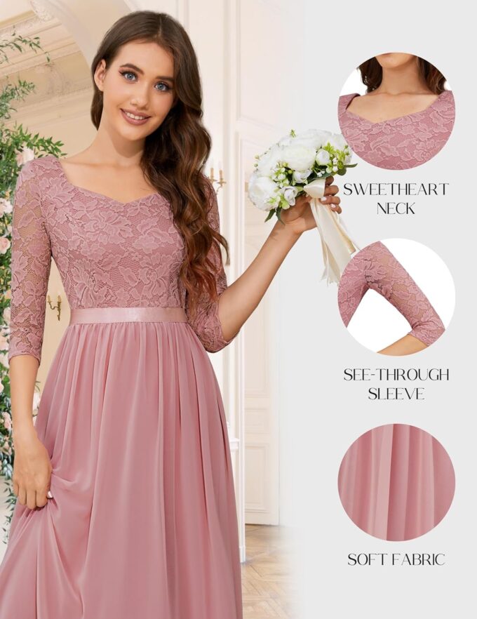 Wedtrend Abendkleid Elegant für Hochzeit A Linie Cocktailkleid Damen Lang Chiffon Abschlusskleid V-Ausschnitt Spitzenkleid – Bild 3