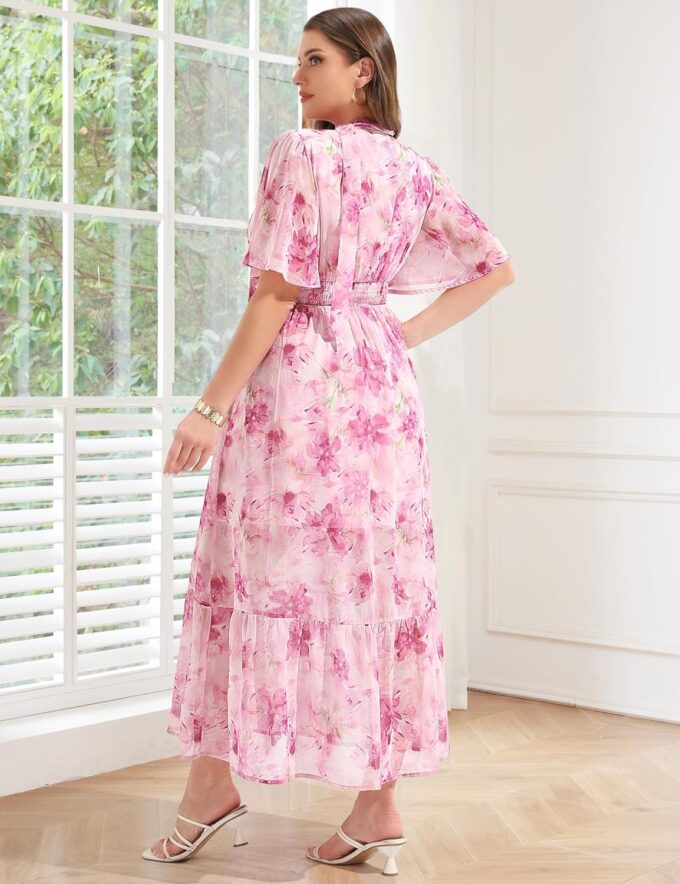 Women's 2025 Floral Summer Dress Smocked V Neck Boho Plus Size Beach Party Wedding Guest Ruffle Long Dresses – Bild 6