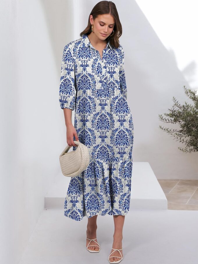 ANRABESS Women Casual 3/4 Puff Sleeve Polo V Neck Floral Printed Flowy Swing Loose Summer Boho Maxi Shirt Dresses – Bild 3