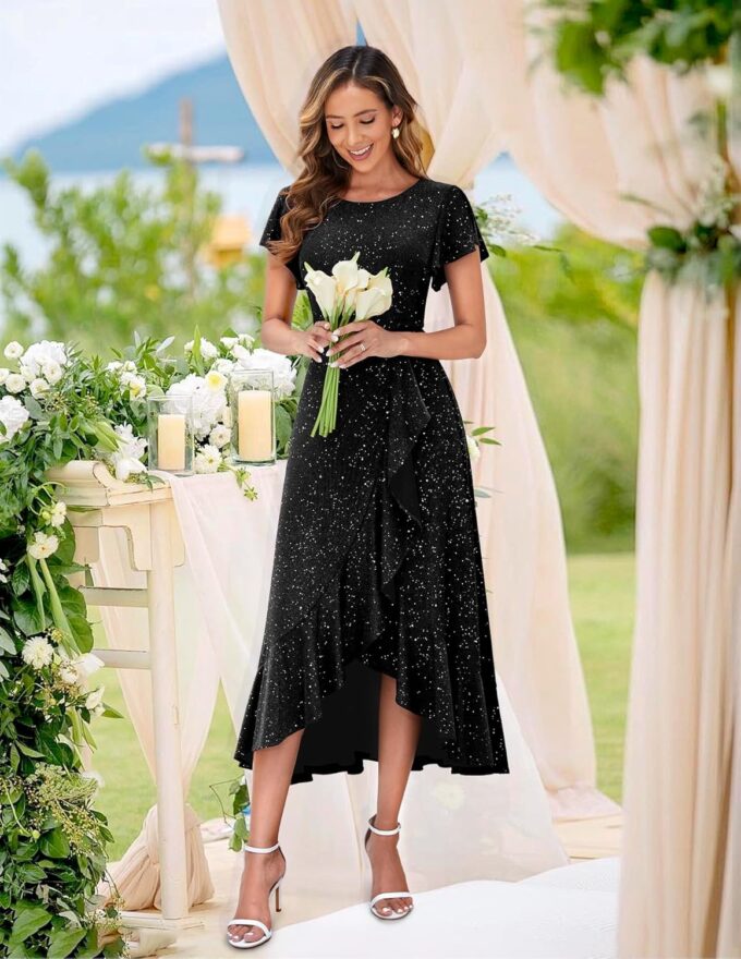 BeryLove Women Sequin Formal Party Dress Flutter Short Sleeve Wedding Cocktail Long Evening Dress – Bild 7