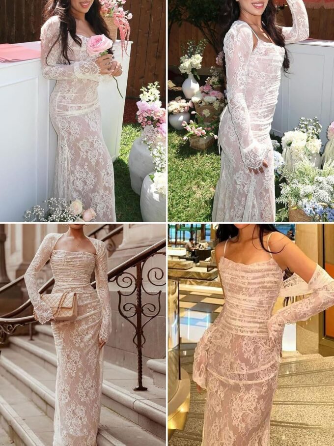 Women Cami Lace Maxi Dress Romantic Long Sleeve Lace Bodycon Dresses Elegant – Bild 6