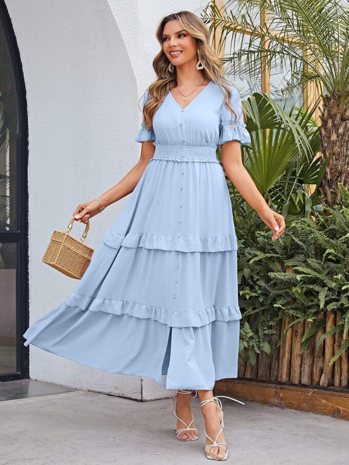 Amegoya Women's V Neck Long Sleeve Boho Maxi Dress Summer Wedding Guest Long Flowy Engagement Dresses – Bild 2