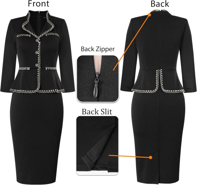 VFSHOW Damenkleid 2024 für Herbst Arbeit Business V-Ausschnitt Knöpfe Kirche Büro Schlankheits Kragen Schößchen Bleistift Etuikleid – Bild 6