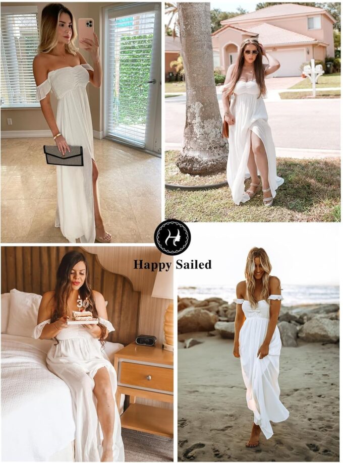 Happy Sailed Women's 2025 Summer Smocked Off The Shoulder Maxi Dresses Ruffle Short Sleeve A Line Side Slit Sundress – Bild 7