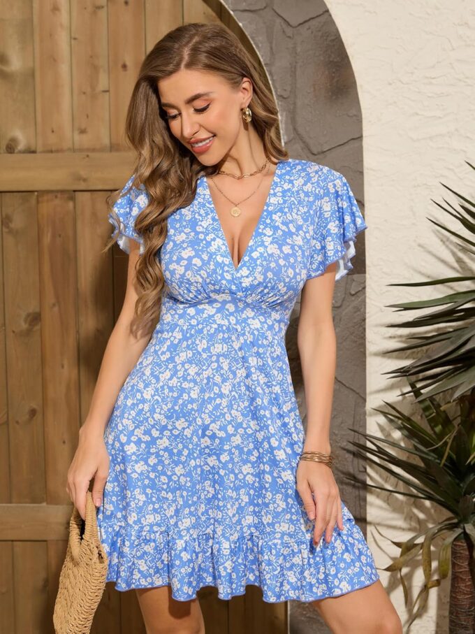 TORARY Womens Summer Dresses 2025 Floral Cap Sleeve Wrap V Neck Ruffle A-Line Sun Dress – Bild 4