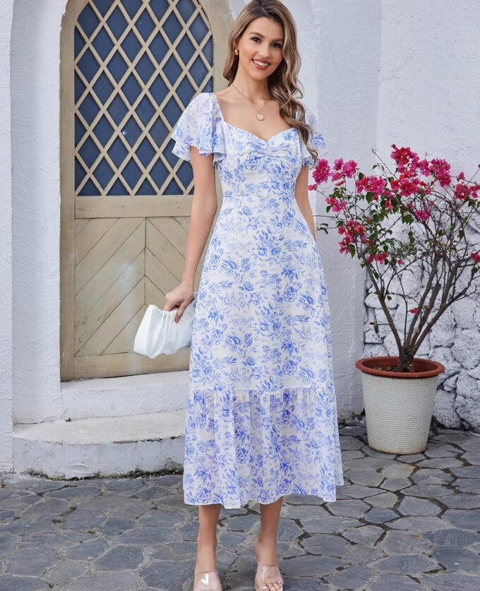 GLNEGE Women's 2025 Summer Midi Floral Boho Dresses Casual Flowy Beach Short Sleeve Dress Ruffle Hem Smocked Sundresses – Bild 2