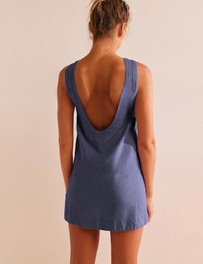 VIUTIL Womens Summer Linen Mini Dress Boat Neck Low Back Sleeveless Tank Dresses with Pockets 2025 Vacation Outfits – Bild 3