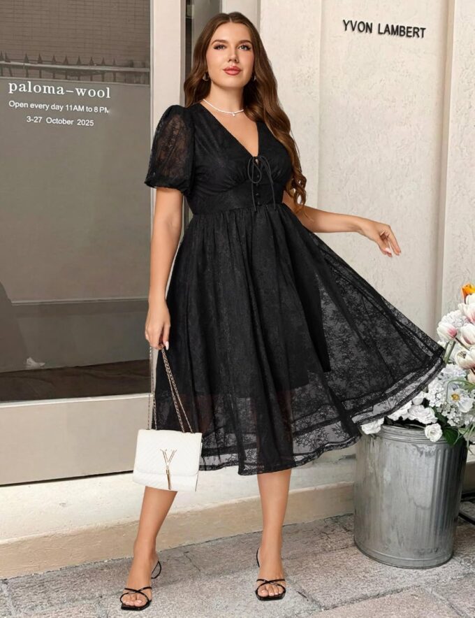 Plus Size Summer Dresses for Women 2025 V Neck Lace Midi Dress Semi Formal Short Sleeve Wedding Guest Cocktail Prom – Bild 3