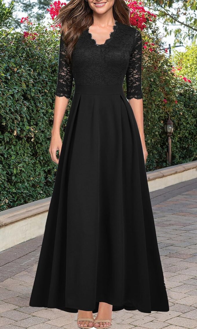 Women's V Neck Lace Vintage Formal Bridesmaid Wedding Long Dress – Bild 2