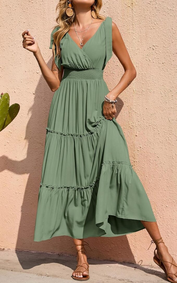 PRETTYGARDEN Women's Cross Neck Summer Sleeveless Tiered Maxi Dress Beach Tie Strap Smocked Long Dresses Pleated Sundress – Bild 3