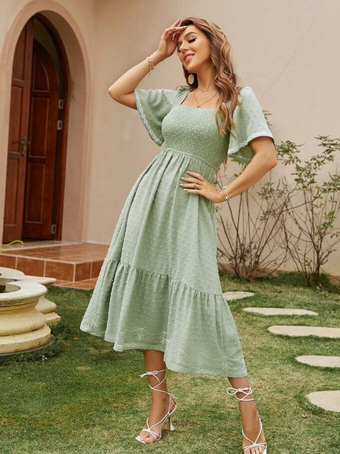 Glamaker Women's Short Sleeve Smocked Square Neck A Line Summer Flowy Maxi Long Dress – Bild 3