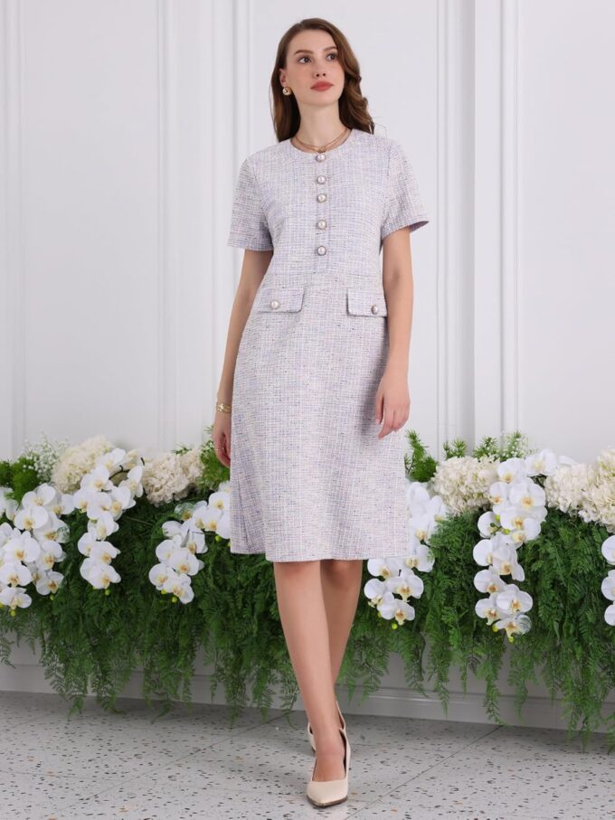 Hobemty Damen-Kleid, kurzärmelig, A-Linie, Knopfdekor, elegante Arbeit, Tweed-Kleider – Bild 2