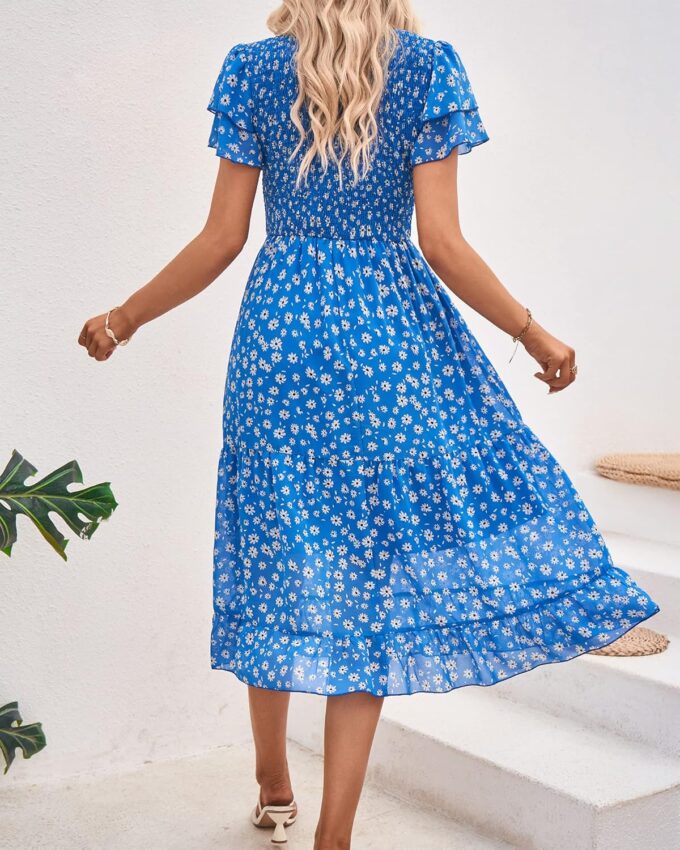 BTFBM Women Casual Summer Short Ruffles Tiered Sleeve Smocked Midi Dresses Bohemian Floral V Neck Wedding Guest Long Dresses – Bild 5