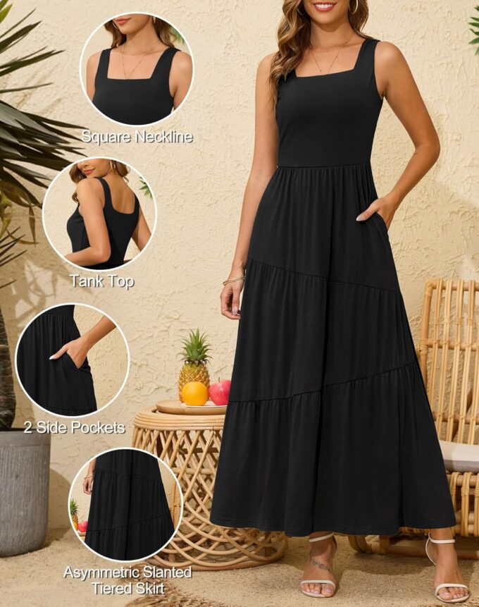 Kranda 2025 Summer Sleeveless Long Beach Sundress Square Neck Tank Top Tiered Maxi Dress with Pockets – Bild 4