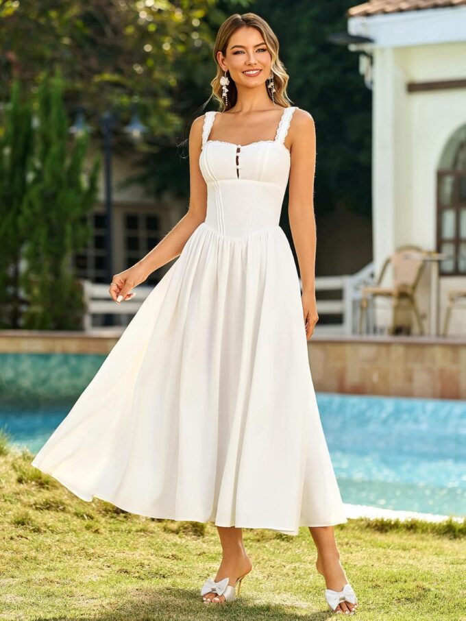 KUTUMAI Women Summer Lace Square Neck Midi Dress Corset Smocked Flowy A Line Beach Wedding Guest Dresses with Pockets – Bild 4