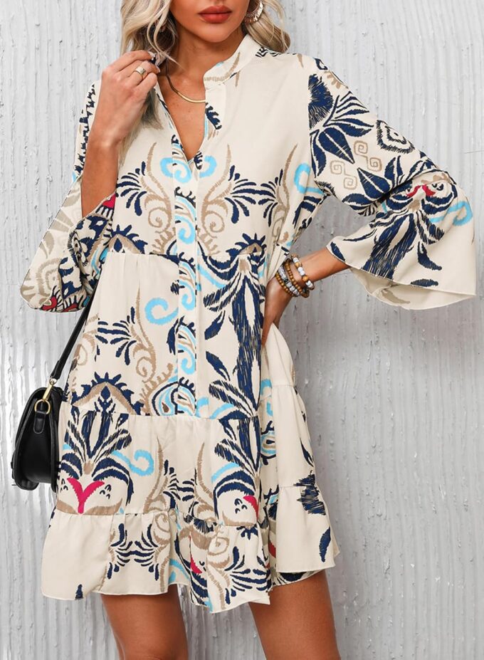 Summer Dresses for Women 2025 Flowy Ruffle 3/4 Sleeve V Neck Tiered Casual Babydoll Boho Beach Mini Dress – Bild 2