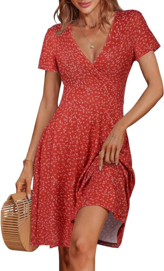 MSBASIC Womens Summer Wrap V Neck Casual Dresses Floral Short Sleeve A-Line Midi Sundress