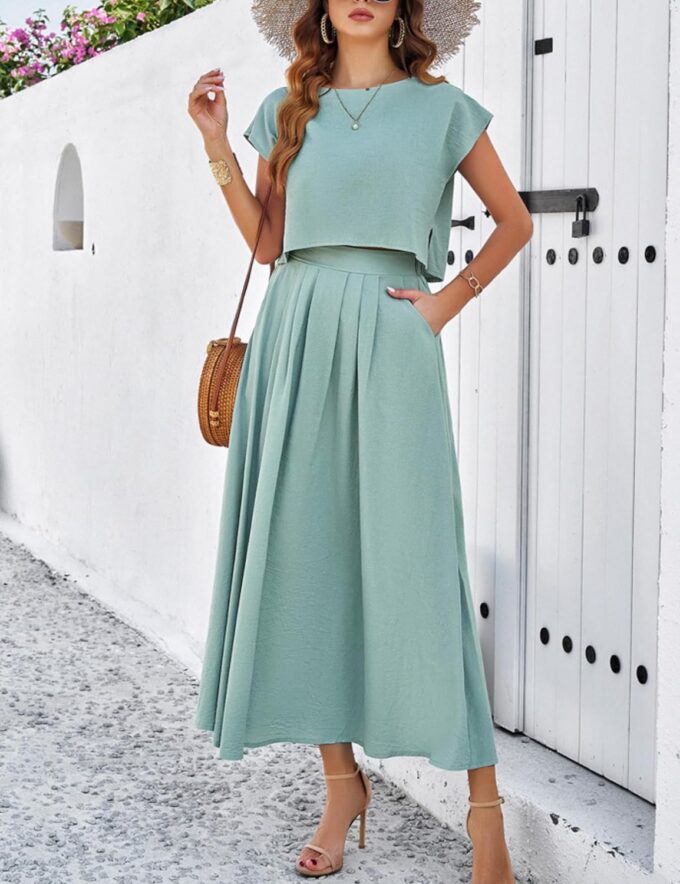 HangNiFang Summer Skirt Sets Women 2 Piece Outfits Cap Sleeve Top Elastic Waist Lightweight Maxi Dress Sets with Pockets – Bild 4