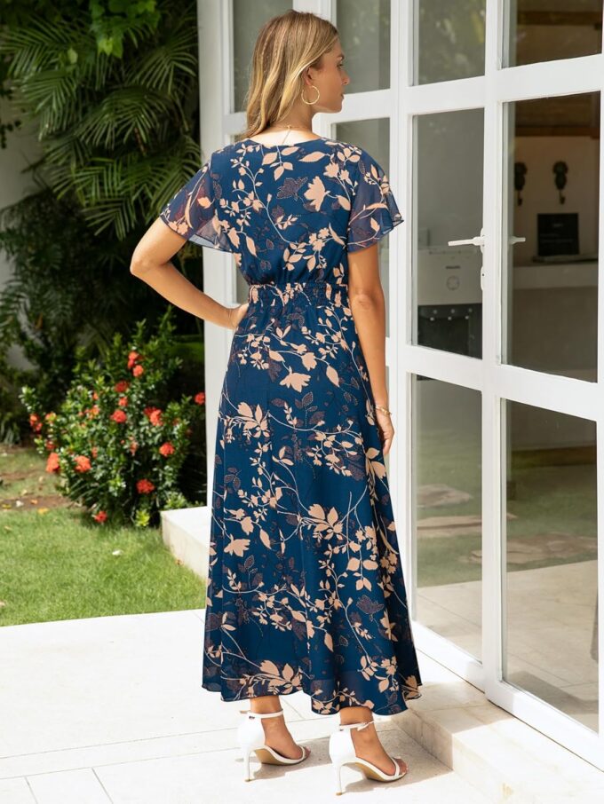 Simplee Womens Floral Maxi Dress - Short Sleeve Summer Boho Wedding Guest Dress Empire Waist Chiffon Modest Midi Dresses – Bild 6