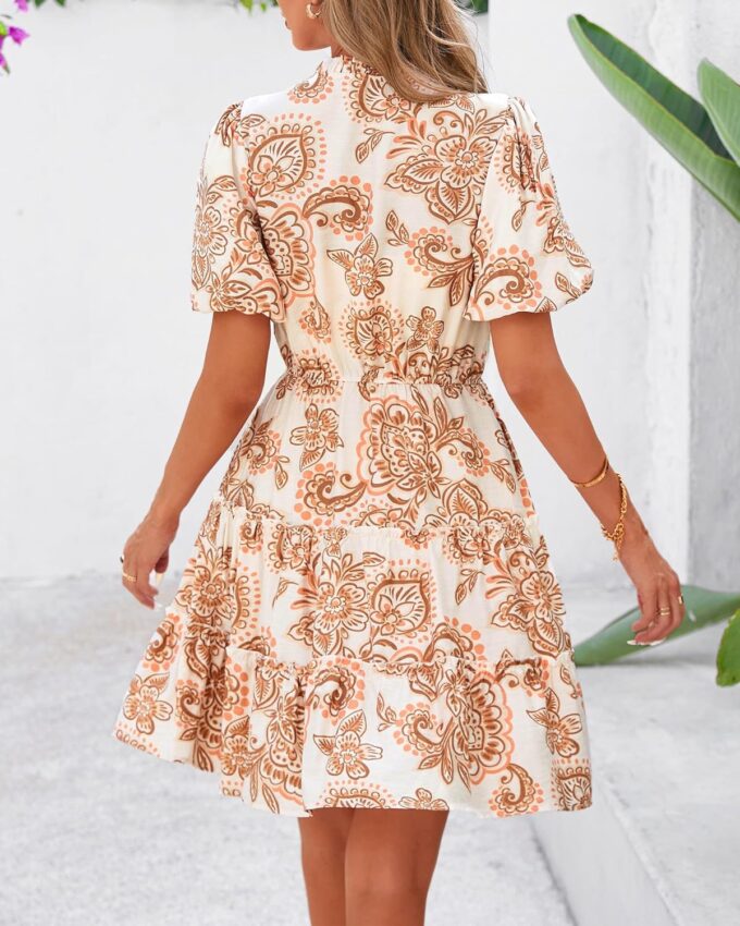BTFBM Women Summer Floral Short Dresses V Neck Short Sleeve Tiered Ruffle Boho Swing Dress A-Line Mini Dresses – Bild 7