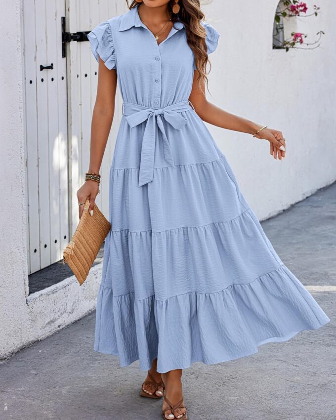 dowerme Women's Summer Casual Dresses 2025 Cap Ruffle Sleeve V Neck Button Belted Tiered Boho Maxi Dress with Pockets – Bild 6