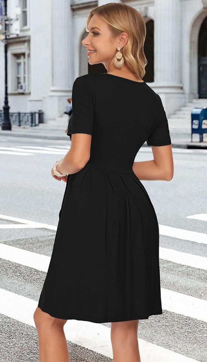 AUSELILY Women's Short Sleeve Summer Dress Pleated Loose Swing Knee Length Dresses with Pockets 2025 New – Bild 5