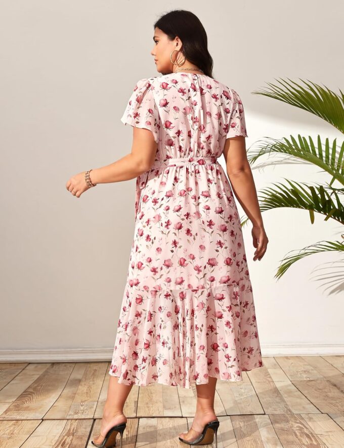 Women’s 2025 Floral Summer Dress Wrap V Neck Plus Size Boho Belted Ruffle Hem Flowy Maxi Dresses – Bild 5