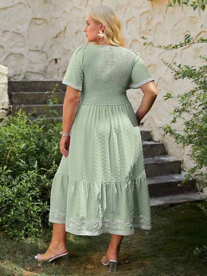 Glamaker Women's Plus Size Summer Casual Short Sleeve Smocked Square Neck A Line Flowy Midi Dress Long Dress – Bild 5