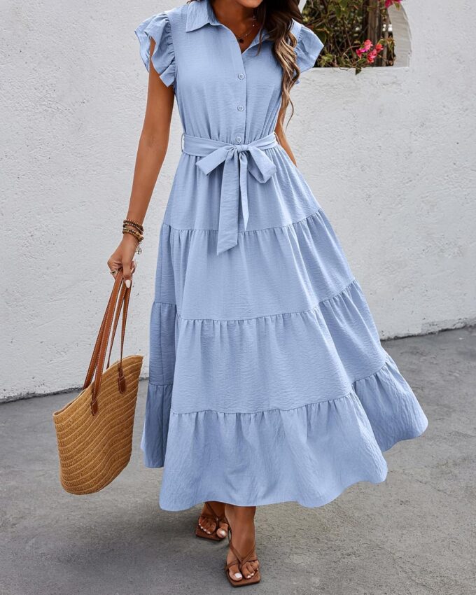 dowerme Women's Summer Casual Dresses 2025 Cap Ruffle Sleeve V Neck Button Belted Tiered Boho Maxi Dress with Pockets – Bild 2