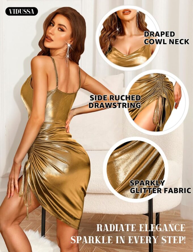 VIDUSSA Women's Sparkly Glitter Dress Cowl Neck Spaghetti Strap Ruched Bodycon Cocktail Party Night Club Midi Dresses – Bild 4