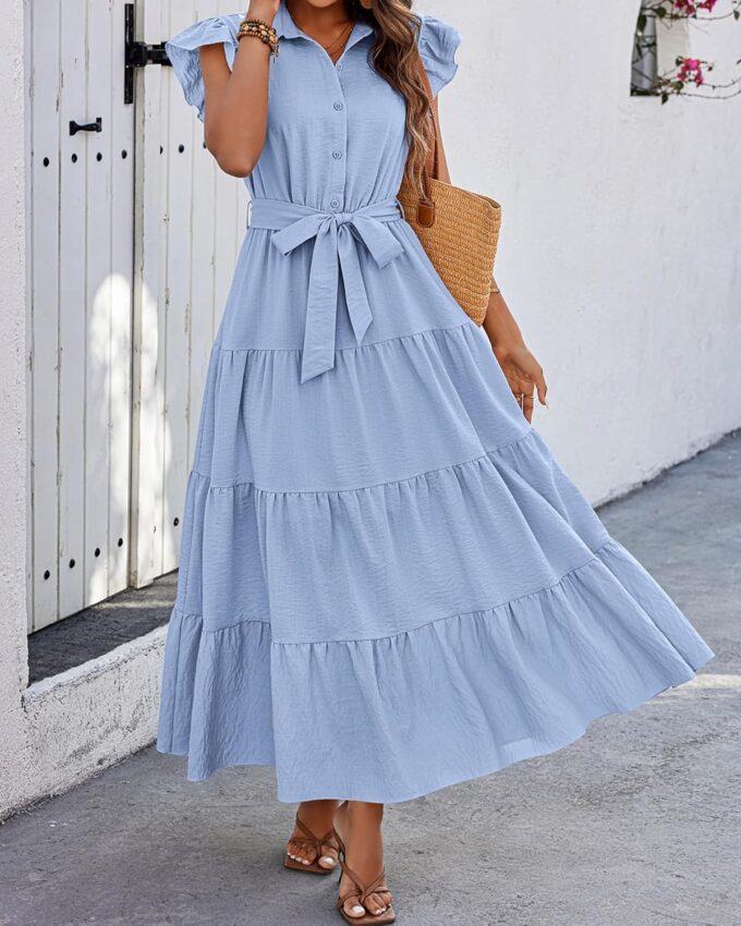 dowerme Women's Summer Casual Dresses 2025 Cap Ruffle Sleeve V Neck Button Belted Tiered Boho Maxi Dress with Pockets – Bild 4