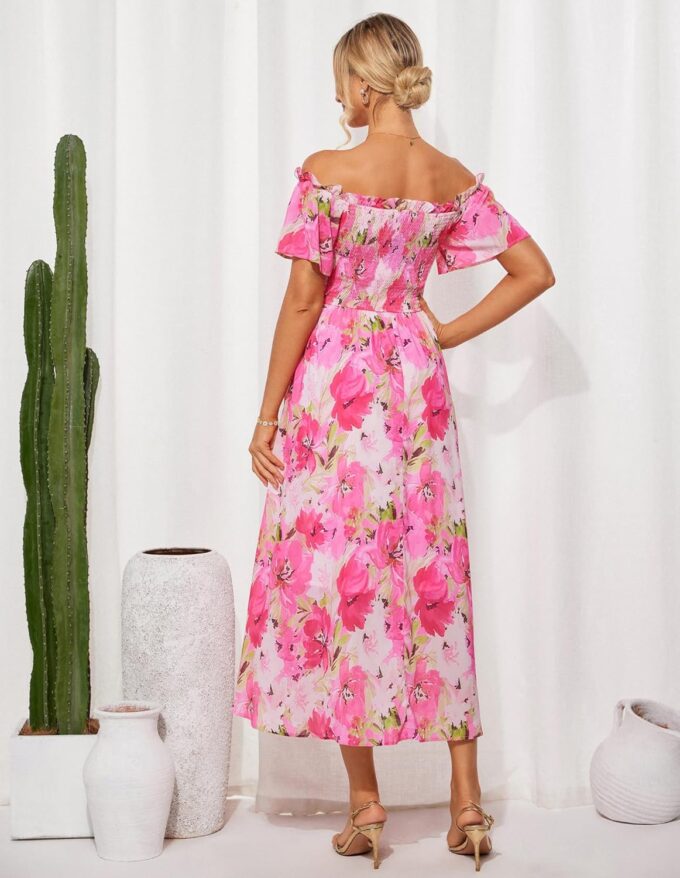 GRACE KARIN Damen Kleider Schulterfreies Blumen Hochzeitskleid mit Taschen Elegant Sommerkleid Damen Leicht und Luftig – Bild 3