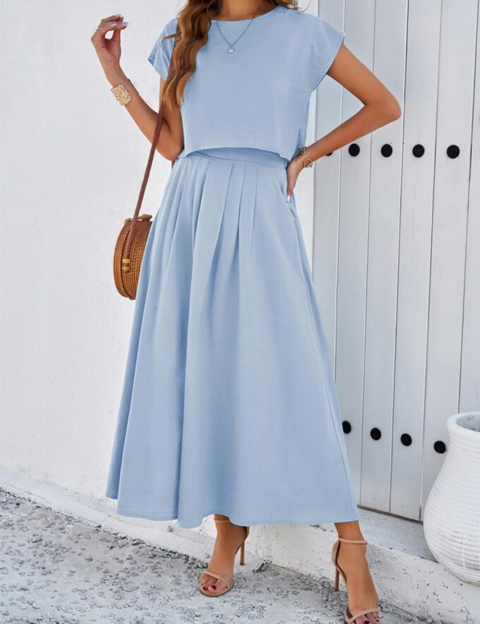 HangNiFang Summer Skirt Sets Women 2 Piece Outfits Cap Sleeve Top Elastic Waist Lightweight Maxi Dress Sets with Pockets – Bild 3