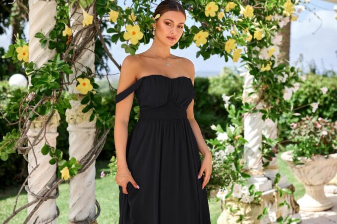 GRACE KARIN 2025 Women's Summer Floral Print Flowy A Line Maxi Dresses Sleeveless Smocked Off Shoulder Dress – Bild 4