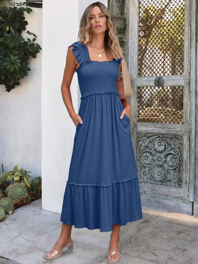 ANRABESS Womens Summer Sleeveless Maxi Dress Square Neck Smocked Boho Casual Ruffle Strap Flowy A-Line Long Beach Sundress – Bild 3