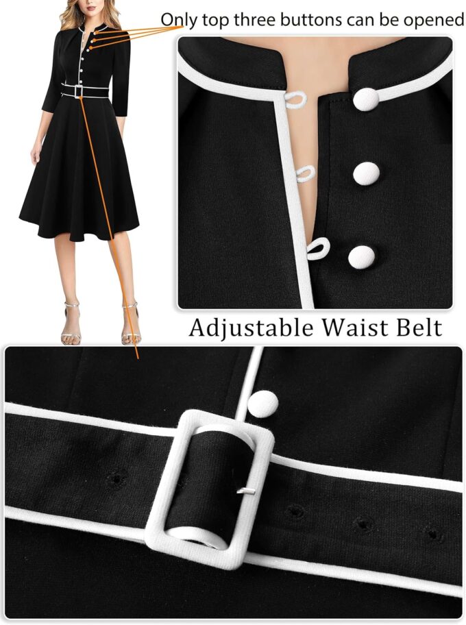 VFSHOW Damen-Kleid 2024, Business, Arbeit, Büro, 3/4-Ärmel, Taschen, Gürtelknöpfe, elegante Passform und ausgestelltes A-Linien-Kleid – Bild 6