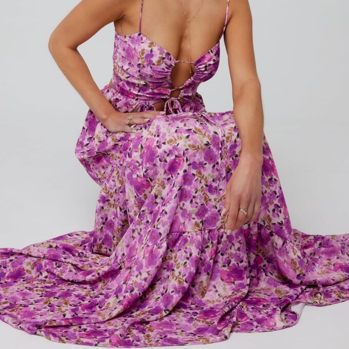 Summer Floral Sundress for Women Spaghetti Straps Hollow Out Tie Front Maxi Dress Flowy Smocked Bohemia Dress – Bild 6