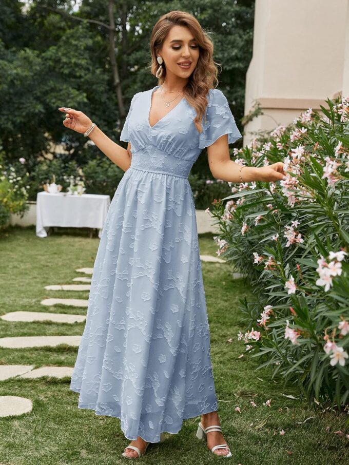 Simplee Women's Boho Floral Maxi Dress Flowy Casual V Neck Short Sleeve Wedding Guest Holiday Beach Long Dress – Bild 3