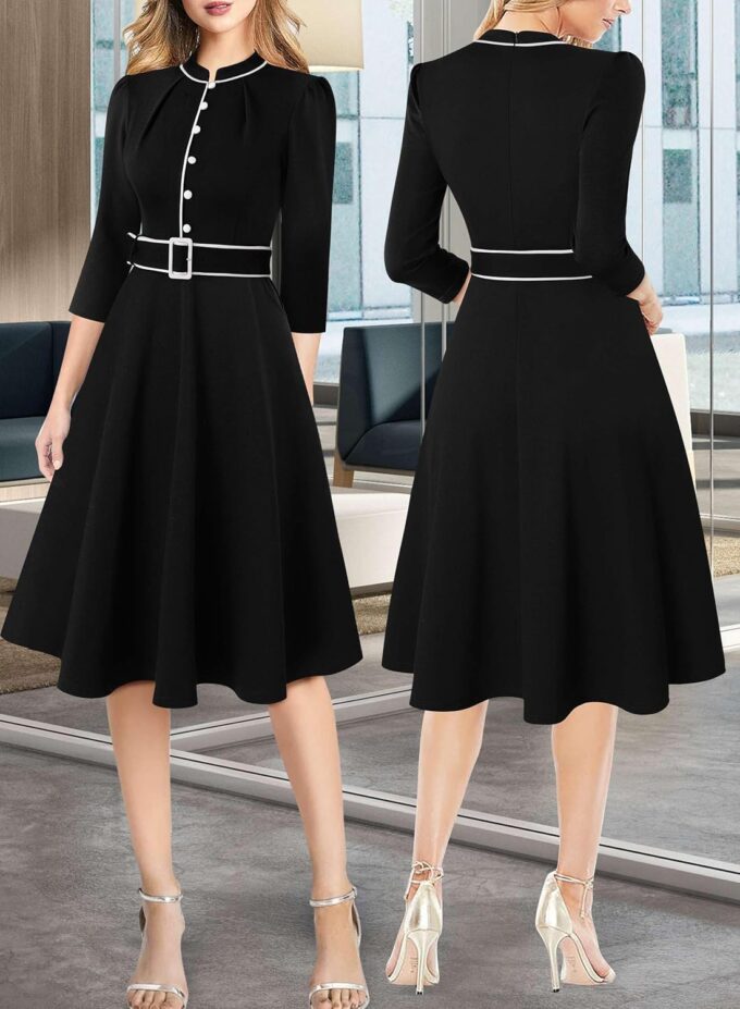 VFSHOW Damen-Kleid 2024, Business, Arbeit, Büro, 3/4-Ärmel, Taschen, Gürtelknöpfe, elegante Passform und ausgestelltes A-Linien-Kleid – Bild 2
