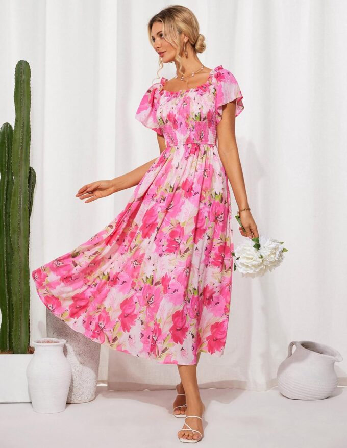 GRACE KARIN Damen Kleider Schulterfreies Blumen Hochzeitskleid mit Taschen Elegant Sommerkleid Damen Leicht und Luftig – Bild 4