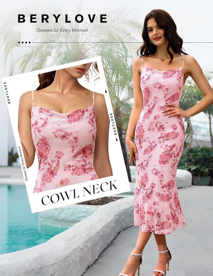 BeryLove Women Summer Floral Mesh Wedding Guest Cocktail Spaghetti Strap Dress – Bild 3