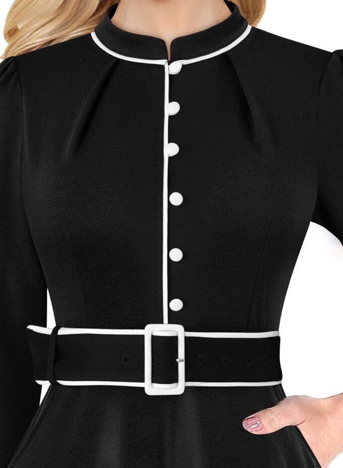 VFSHOW Damen-Kleid 2024, Business, Arbeit, Büro, 3/4-Ärmel, Taschen, Gürtelknöpfe, elegante Passform und ausgestelltes A-Linien-Kleid – Bild 3