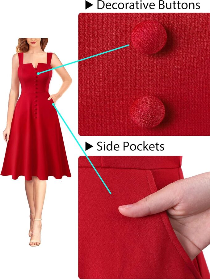VFSHOW Damen Business-Kleid mit quadratischem Ausschnitt, Knöpfen, Taschen, Arbeit, Büro, elegant, Vintage, Kirche, A-Linie, schwingendes Cami-Kleid – Bild 6