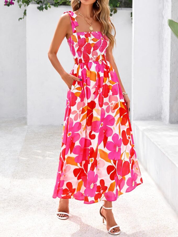 PRETTYGARDEN Womens Summer Dresses Floral Sleeveless Smocked Maxi Dress Boho Spaghetti Strap A Line Flowy Beach Long Sundress – Bild 4