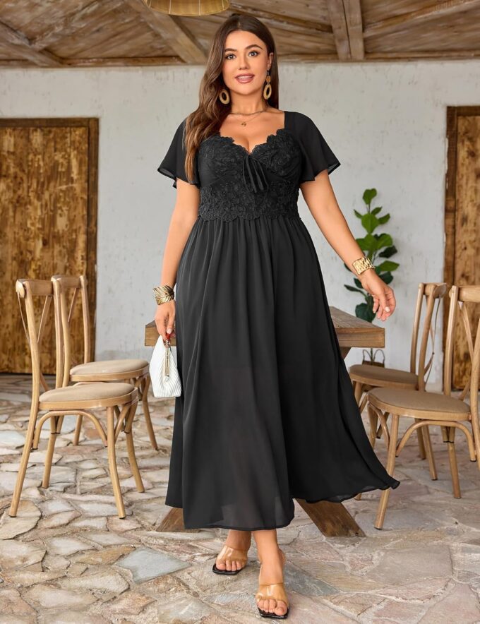 Women's Plus Size Lace Maxi Dress Short Sleeve V Neck Flowy Empire Waist Smocked Back Wedding Guest Dress – Bild 2
