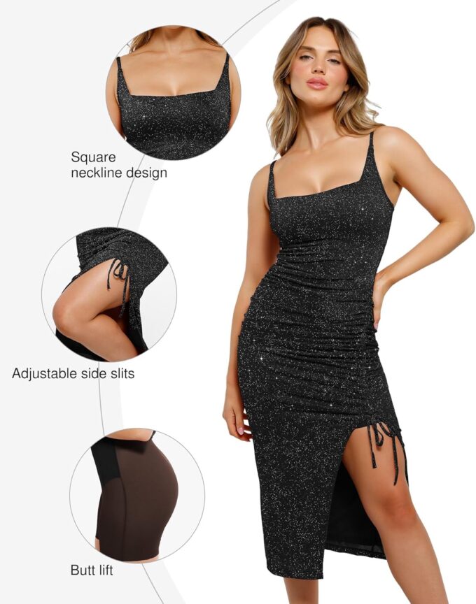 Popilush Sparkly Cocktail Dresses for Women Tummy Control Formal Shapewear Dress Square Neck Ruched Midi Dress Side Slit – Bild 4