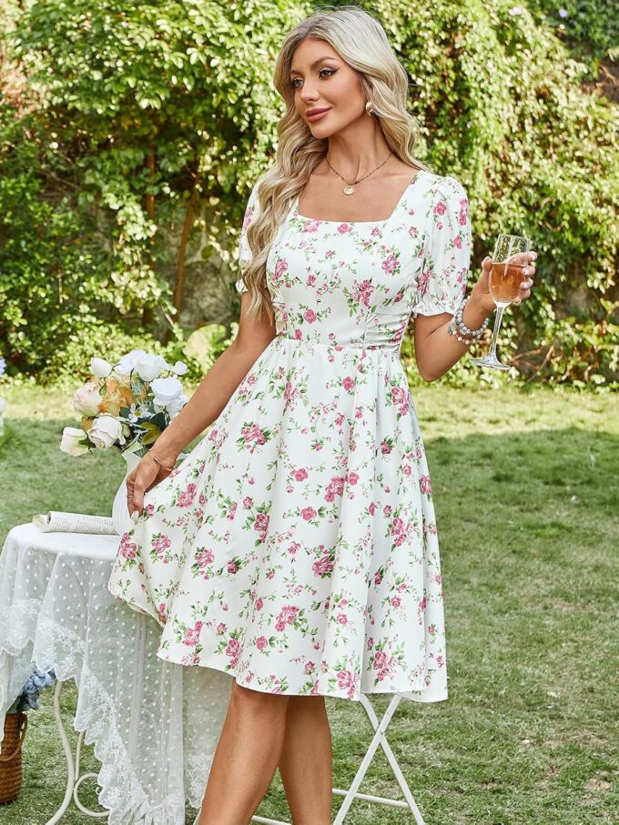 Belle Poque Vintage Dress for Women 1950s Cottagecore Cocktail Dresses Square Neck Puff Sleeve Dress with Pockets – Bild 5