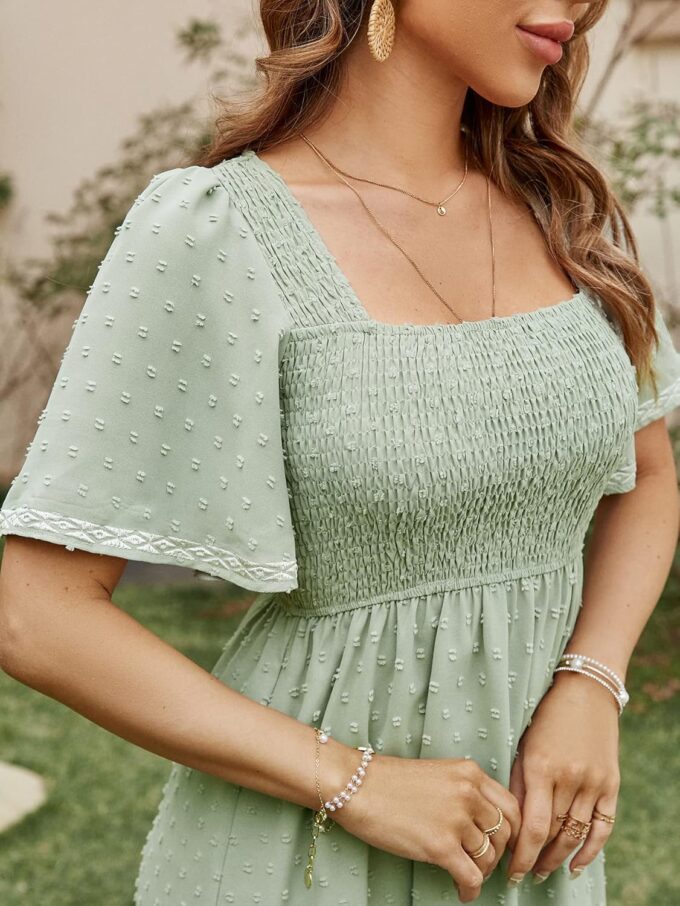 Glamaker Women's Short Sleeve Smocked Square Neck A Line Summer Flowy Maxi Long Dress – Bild 4