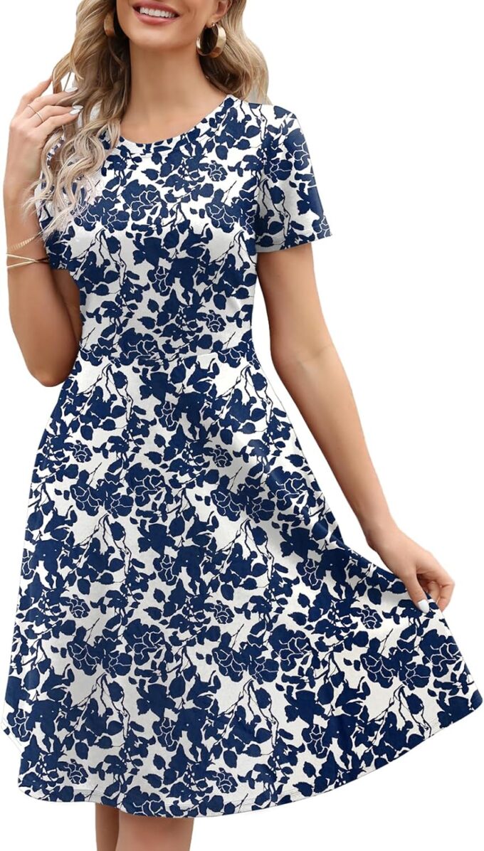 Damen Elegant Vintage Sommer Casual Kleider 2024 Blumendruck Arbeit Party A-Linie Kleid mit Taschen 262